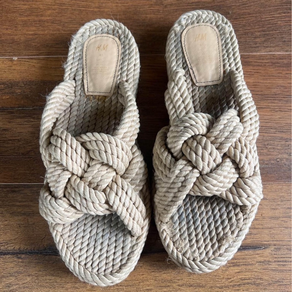 H&M Sandals Womens 41 Slide Platform Casual Comfort Beige Rope Knot Slip On